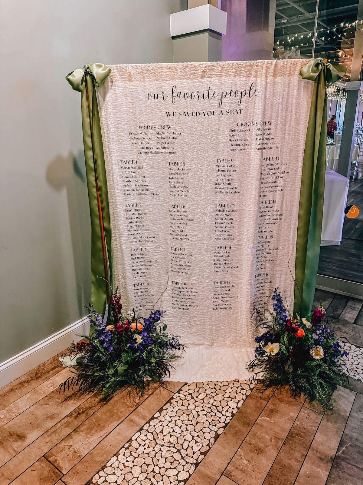 Wedding seating chart banner listing tables and guests, framed by florals