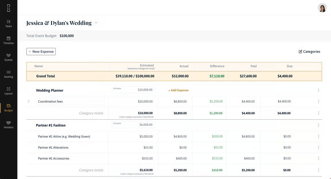 Screenshot of the online wedding budget tracking system Farkas Events uses with Full Service clients